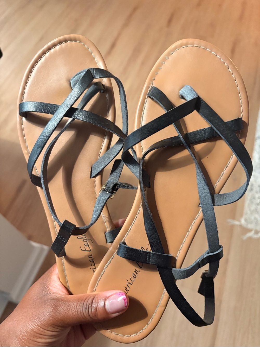 American Eagle Outfitters Black Strappy Sandals with Tan Footbed